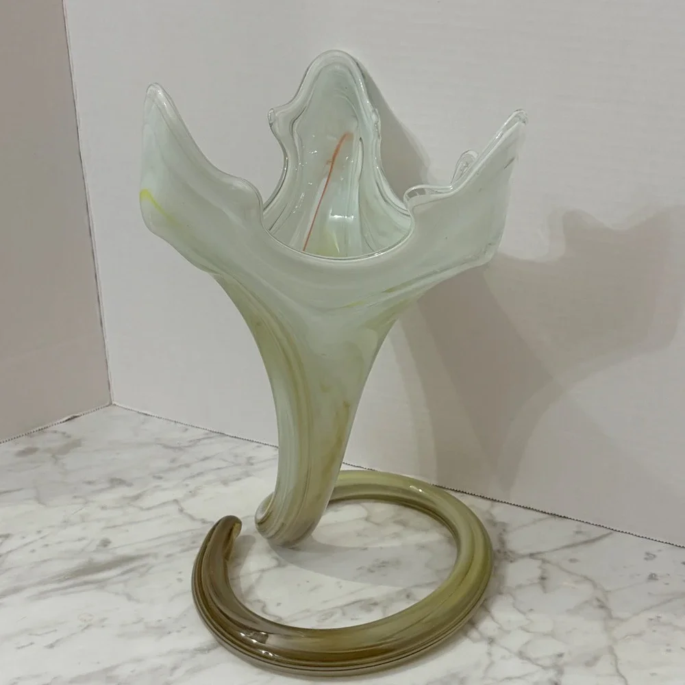 Vintage Murano Style Hand-Blown‎ Art Glass Vase Yellow White Swirl Pattern